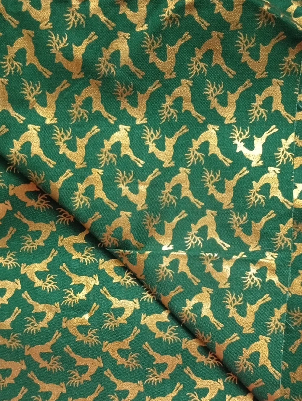 Holiday Green and Gold Reindeer Pattern Patrick Lose 100% Cotton Fabric 1 Yard